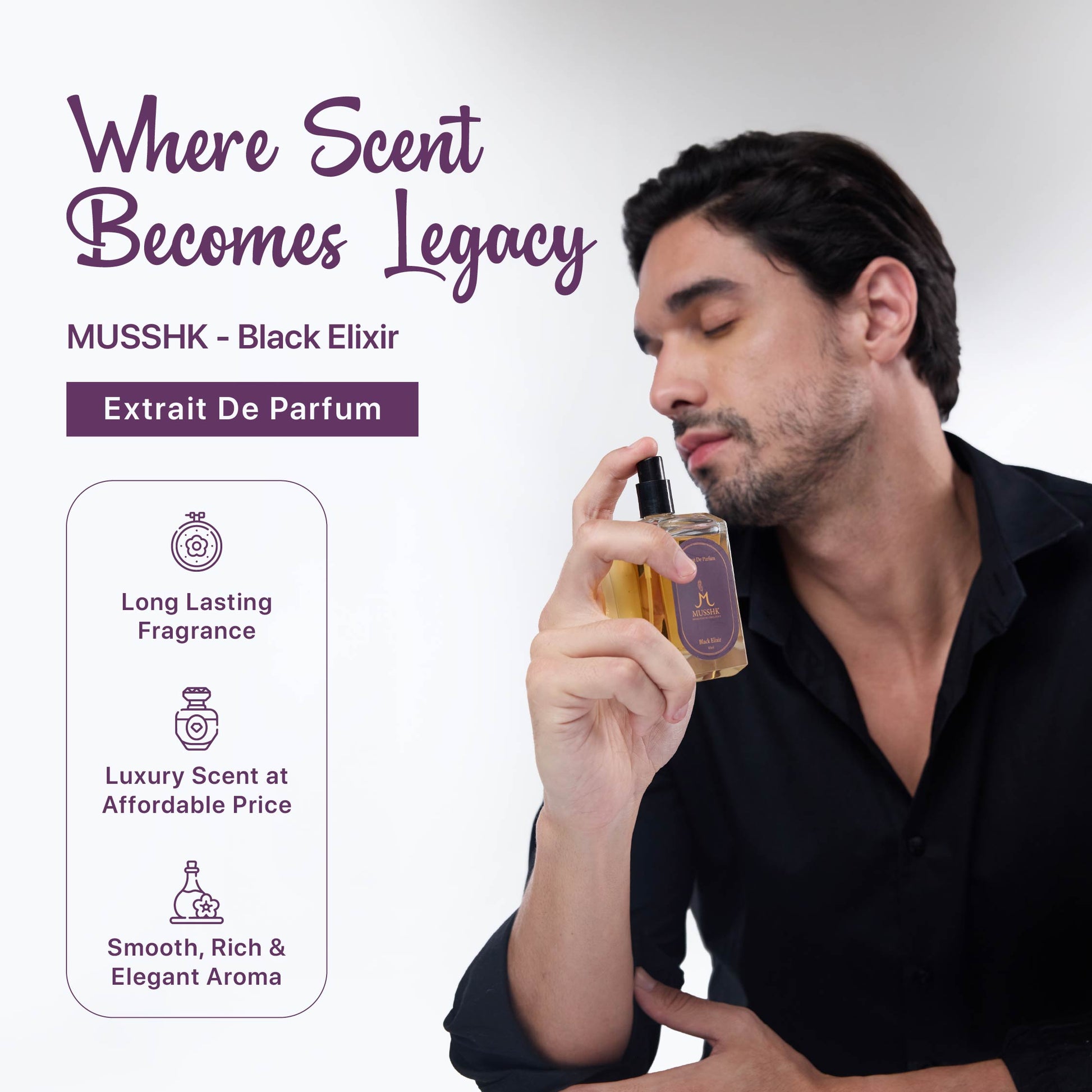Musshk Black Elixir Extrait De Parfum with long-lasting luxury fragrance and elegant aroma