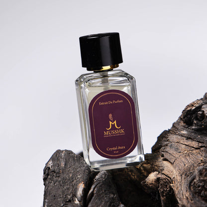 Musshk Crystal Aura Extrait De Parfum bottle showcasing floral musk fragrance and premium scent