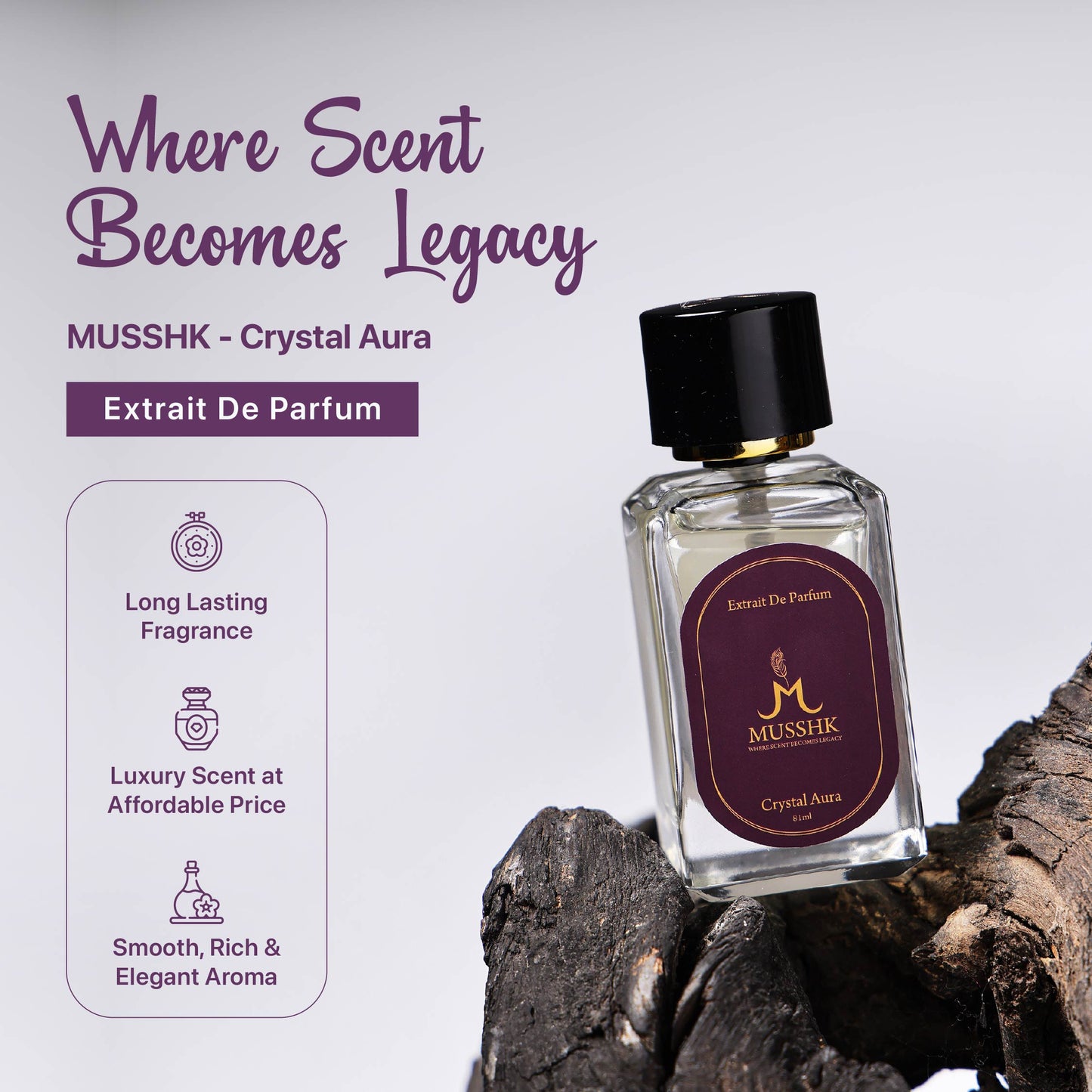 Musshk Crystal Aura Extrait De Parfum featuring long lasting floral perfume with musk fragrance notes