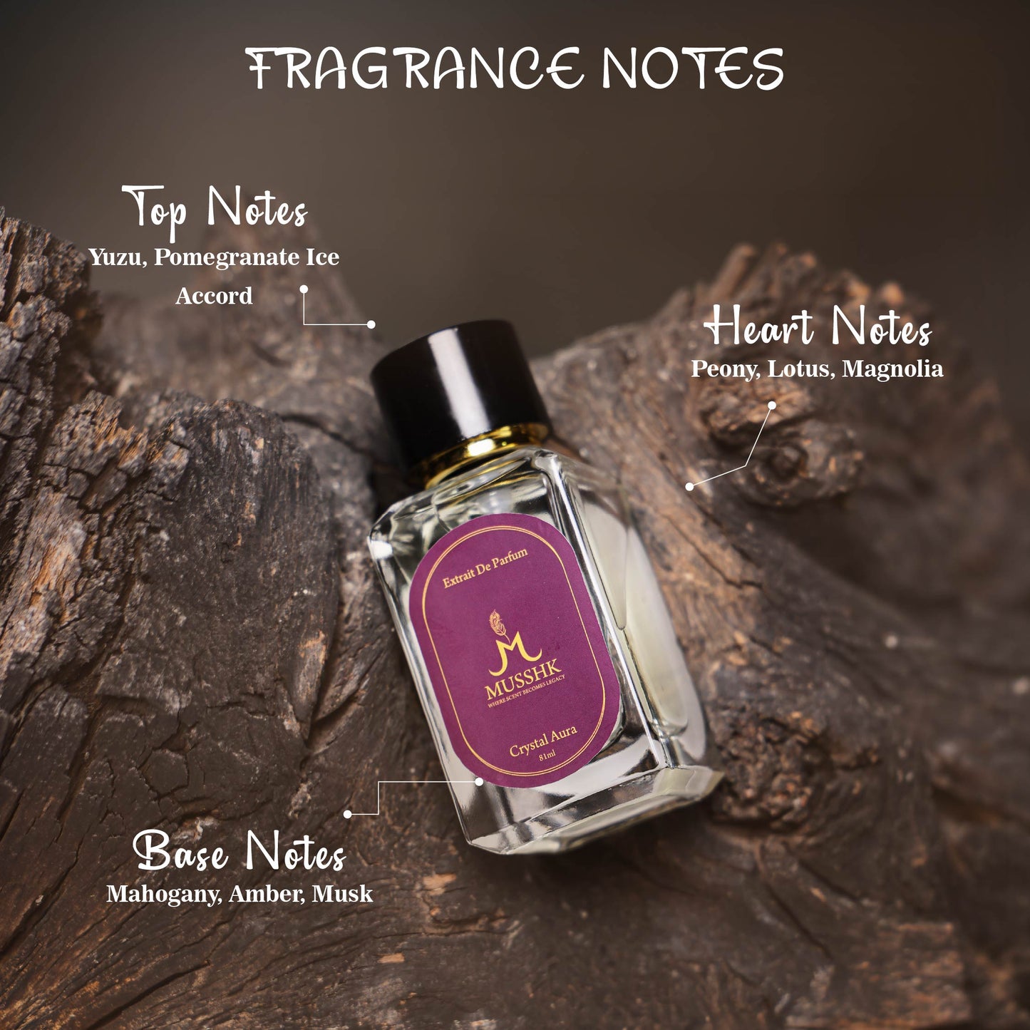 Musshk Crystal Aura fragrance notes featuring floral, citrus, and musk perfume scent profile