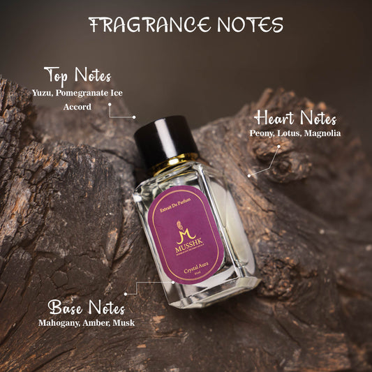 Musshk Crystal Aura fragrance notes featuring floral, citrus, and musk perfume scent profile
