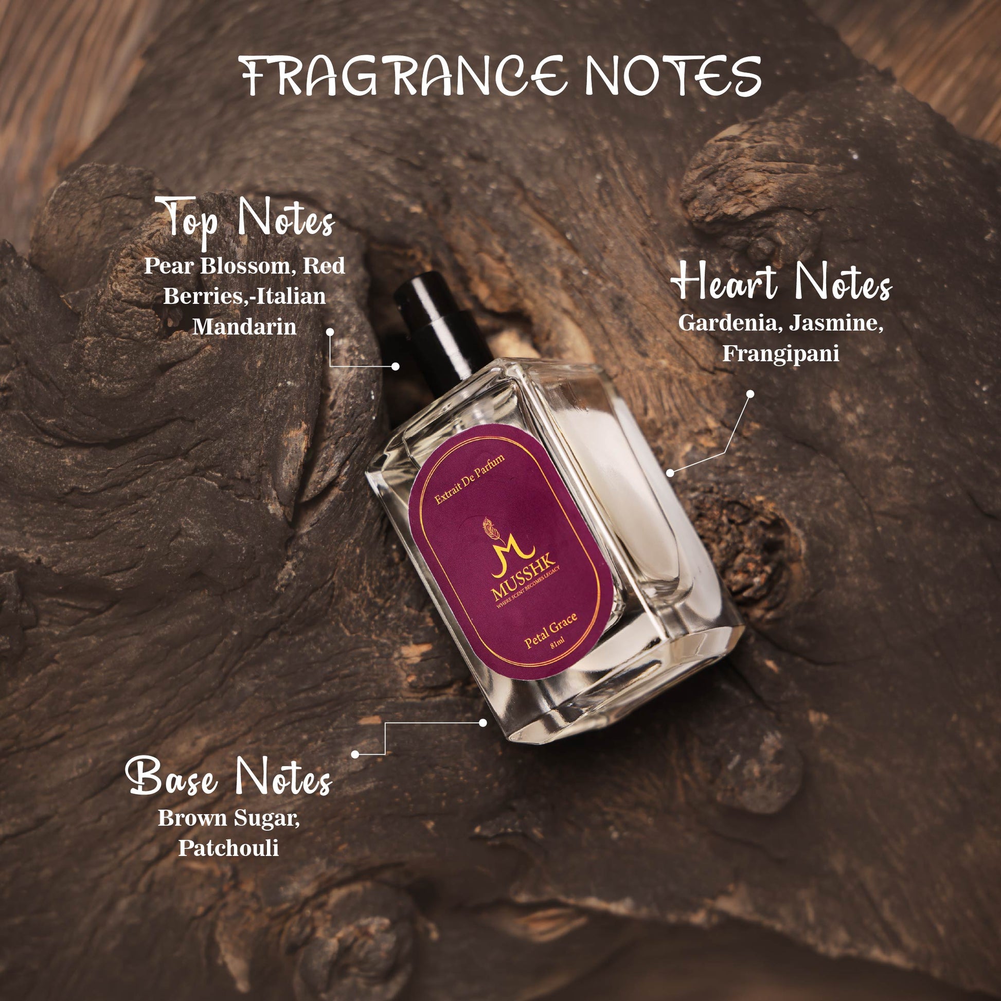 Musshk Petal Grace perfume fragrance notes featuring floral, fruity, and sweet aroma profile