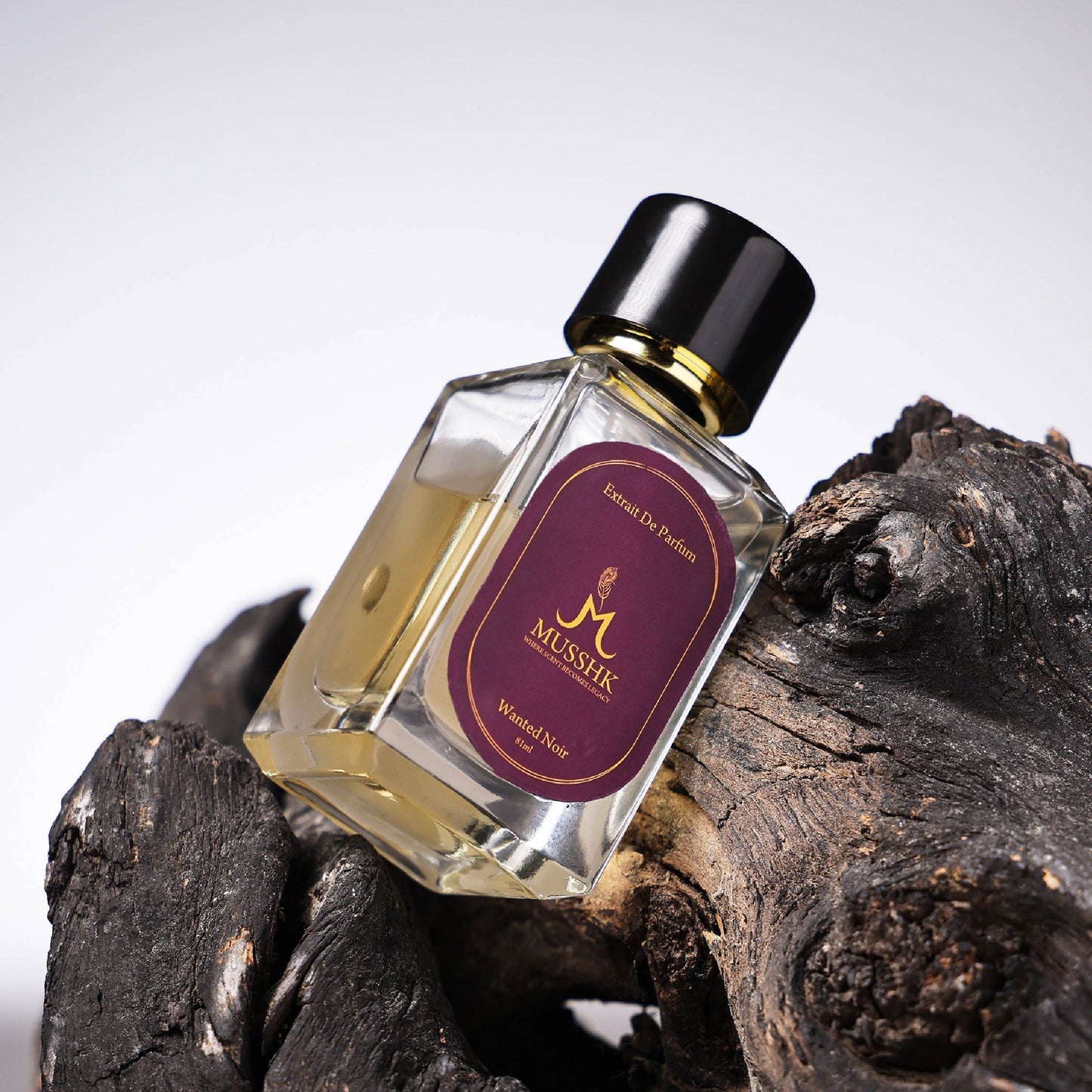 Musshk Velvet Noir Extrait De Parfum bottle with woody fragrance and long lasting scent