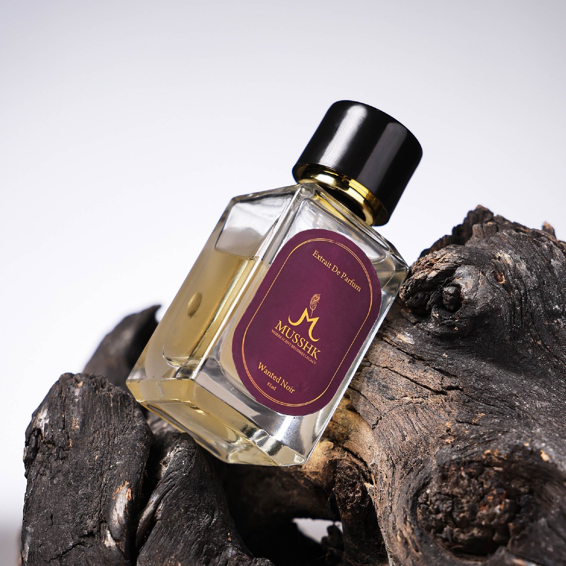 Musshk Velvet Noir Extrait De Parfum bottle with woody fragrance and long lasting scent
