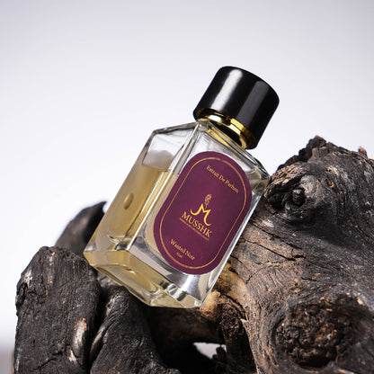 Musshk Velvet Noir Extrait De Parfum bottle with woody fragrance and long lasting scent