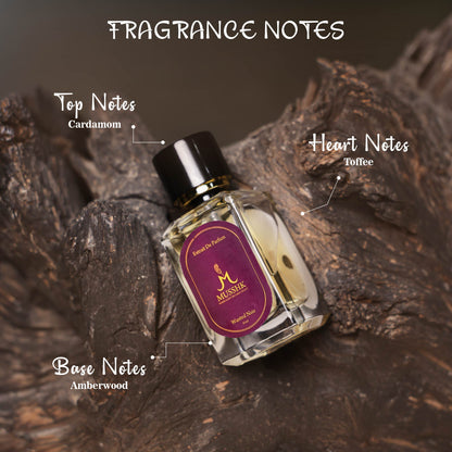 Musshk Velvet Noir fragrance notes featuring cardamom, toffee, and amberwood perfume scent profile