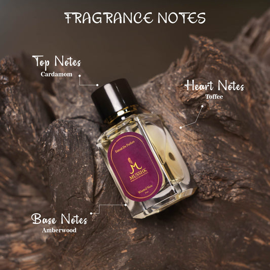 Musshk Velvet Noir fragrance notes featuring cardamom, toffee, and amberwood perfume scent profile
