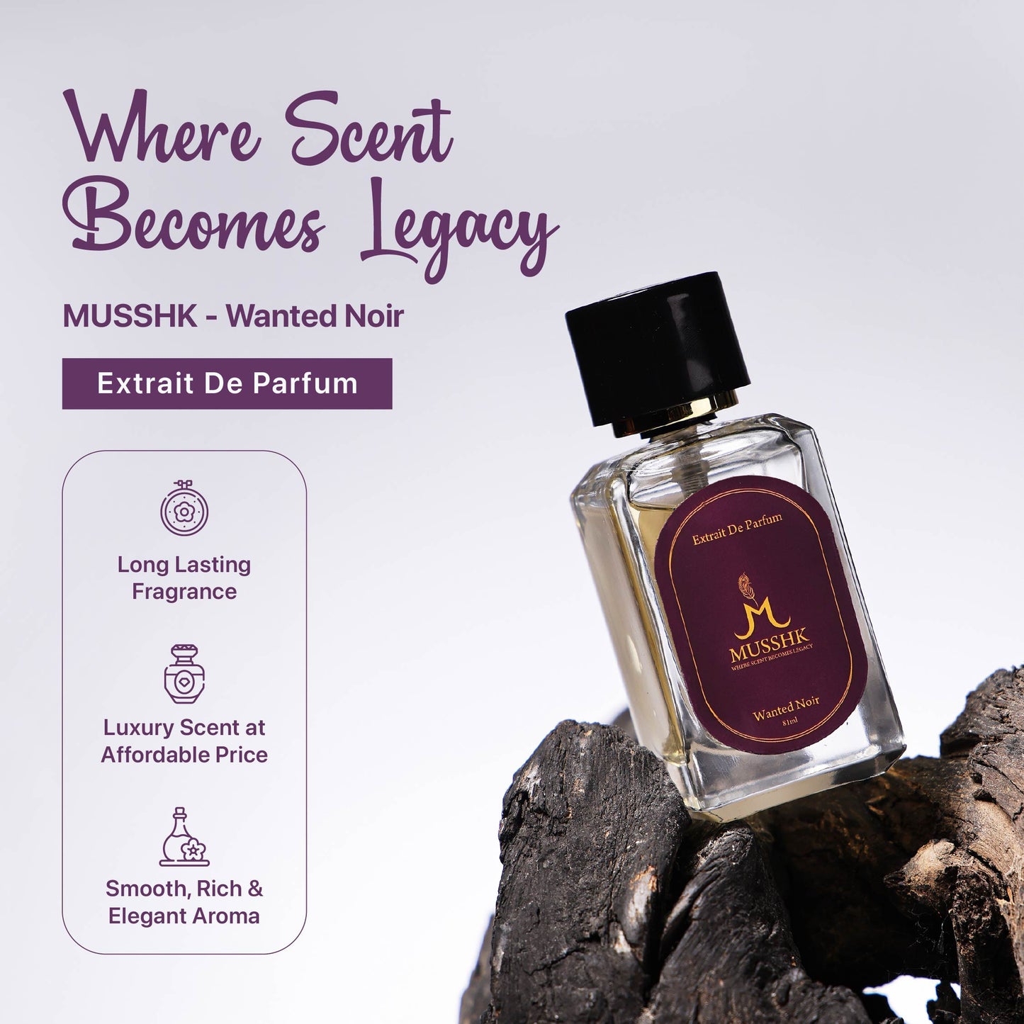 Musshk Wanted Noir Extrait De Parfum with long lasting woody fragrance for men