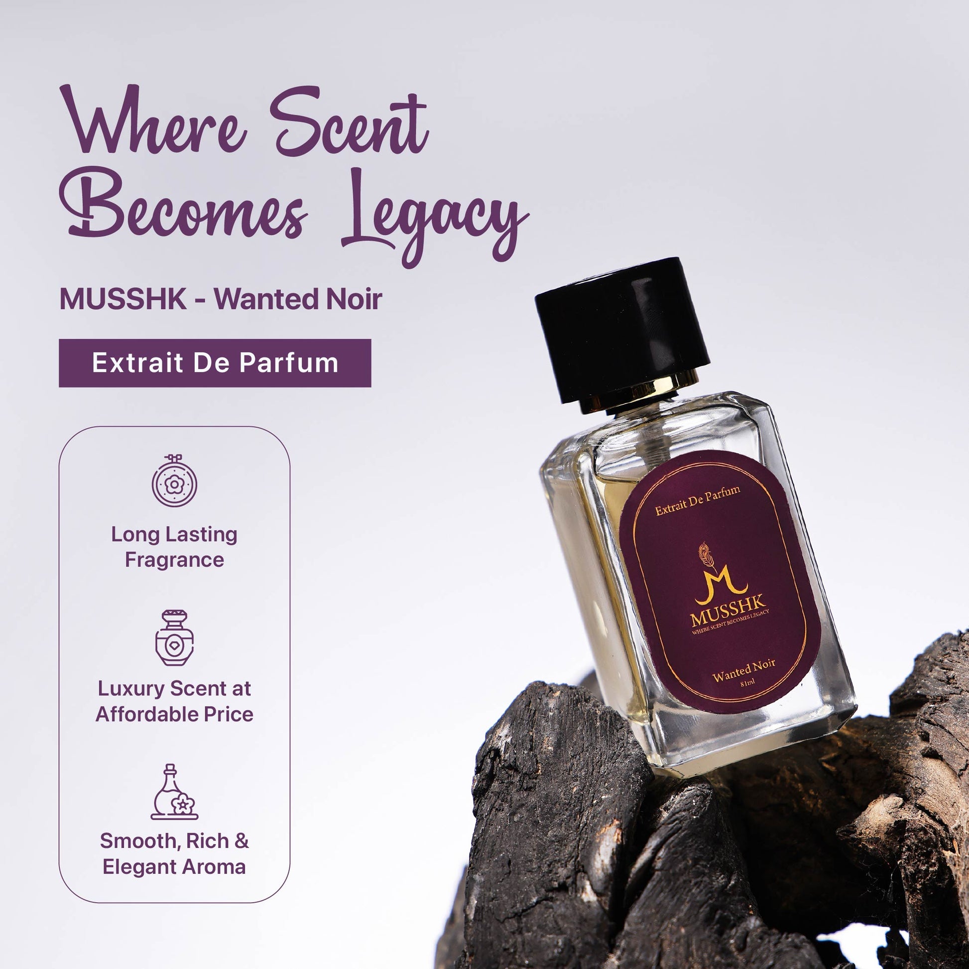 Musshk Wanted Noir Extrait De Parfum with long lasting woody fragrance for men