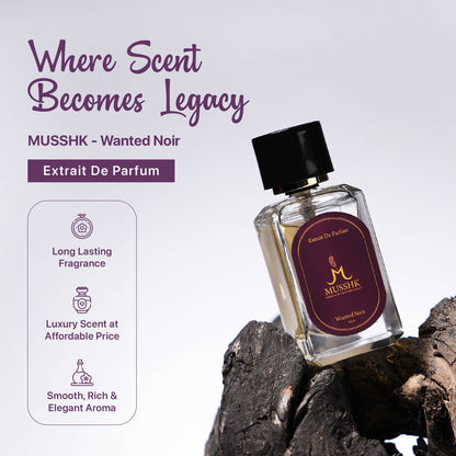 Musshk Wanted Noir Extrait De Parfum with long lasting woody fragrance for men